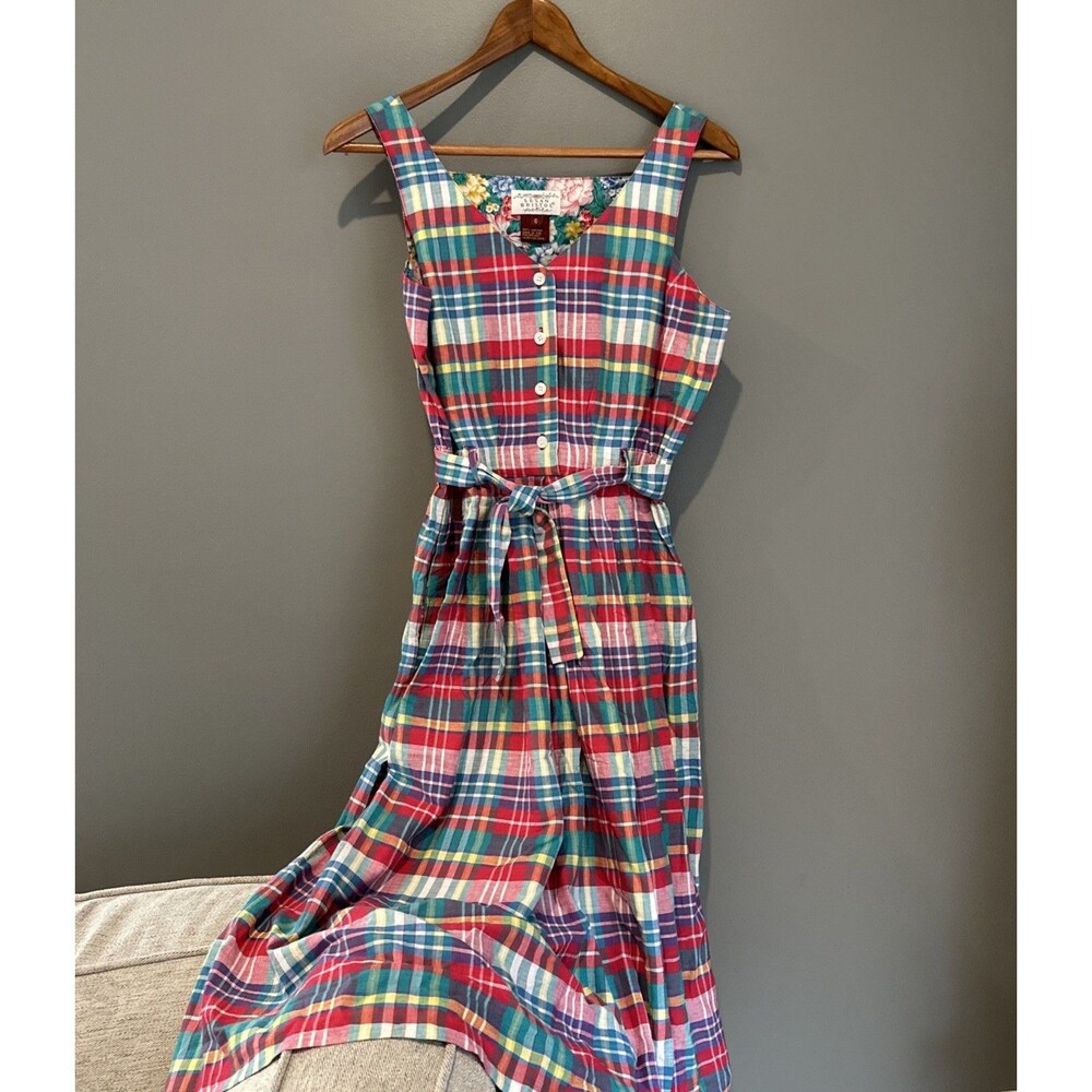 Vtg Susan Bristol Plaid Womens Jumper Dress Size 6 Button Tie Pockets Madras